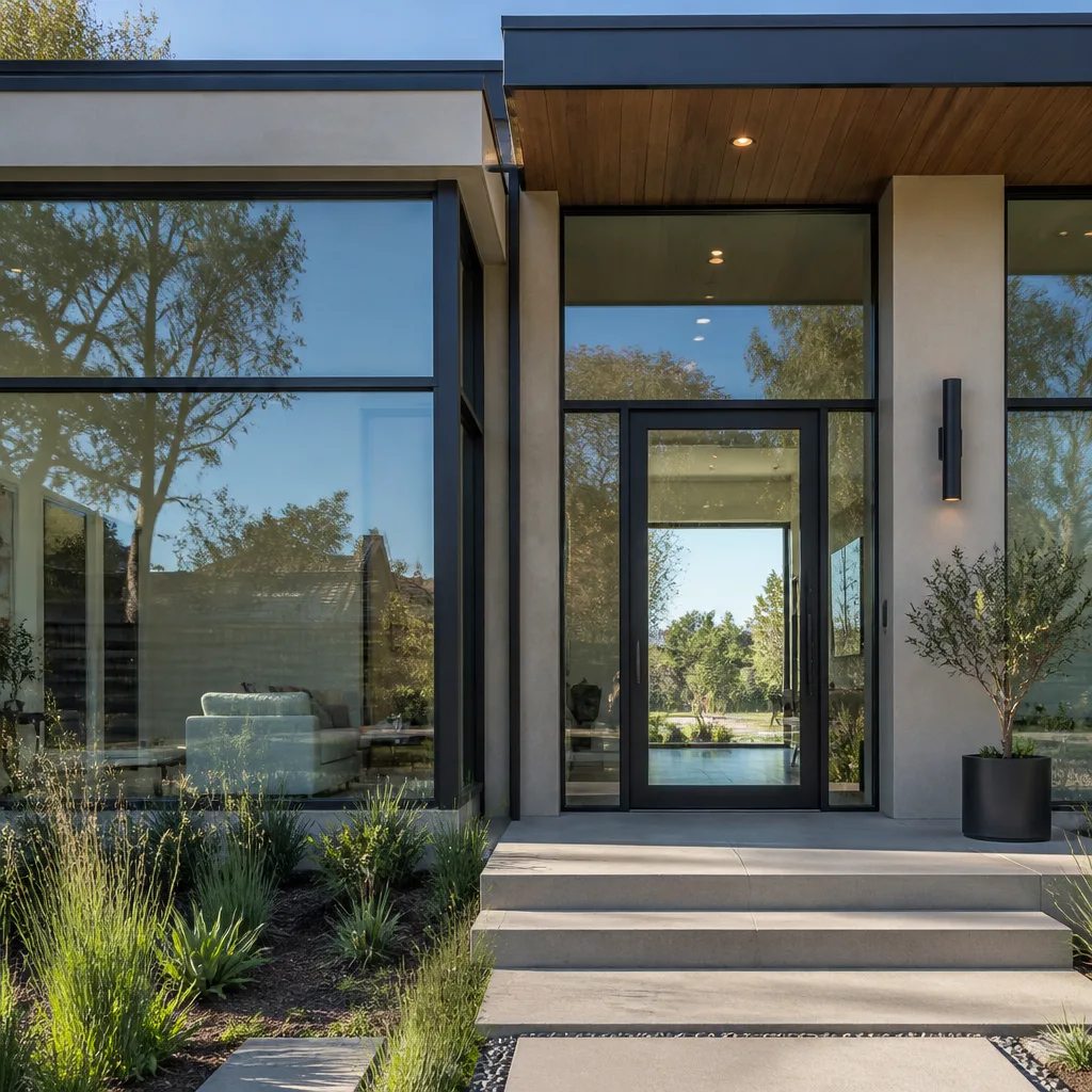 Modern home exterior featuring new floor-to-ceiling glass door replacement