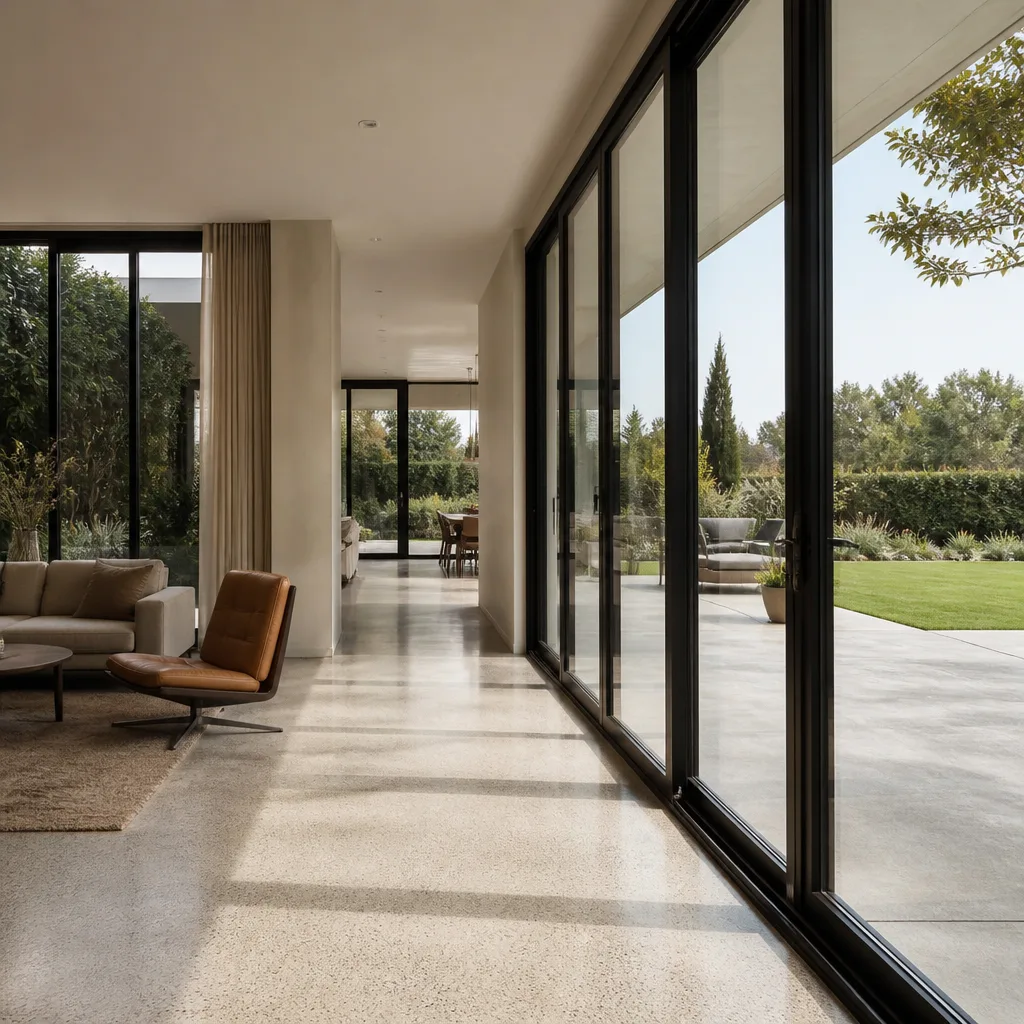 Modern glass sliding patio doors installed in a luxury home