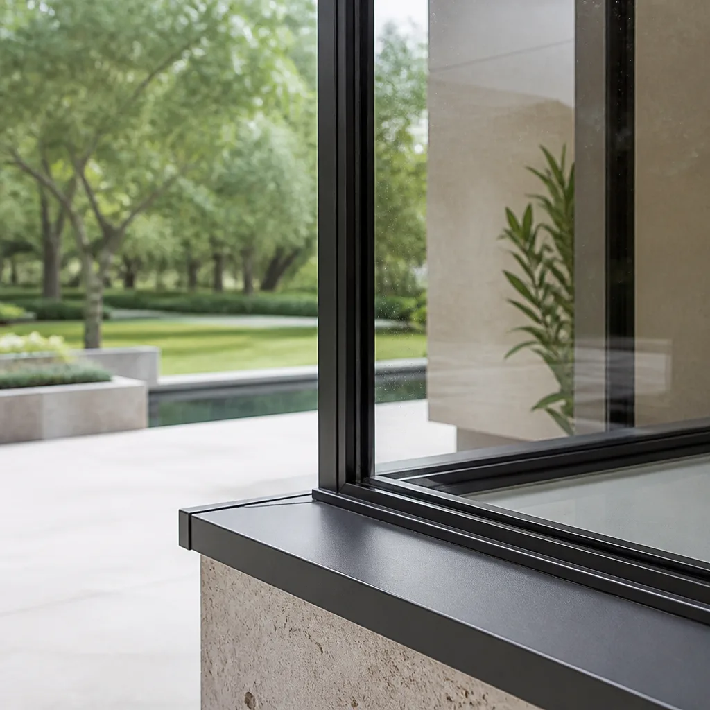 Modern black window frame installation with stone exterior and garden view
