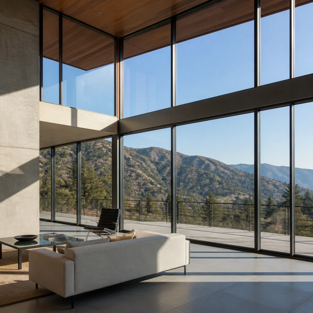 Modern floor-to-ceiling window installation in a contemporary mountain home