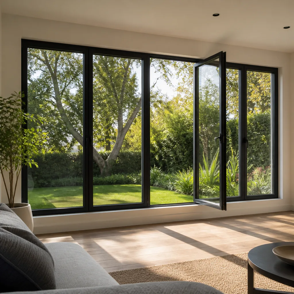 Modern black-framed windows and door opening to a lush garden view