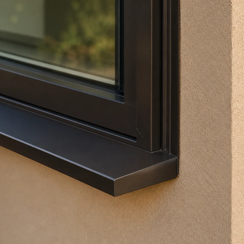 Modern dark aluminum window frame installation on a textured stucco wall.
