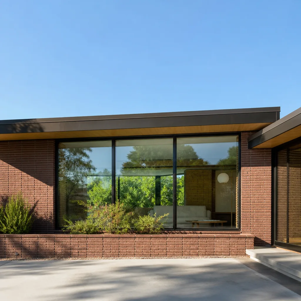 Modern home exterior with large glass window installation