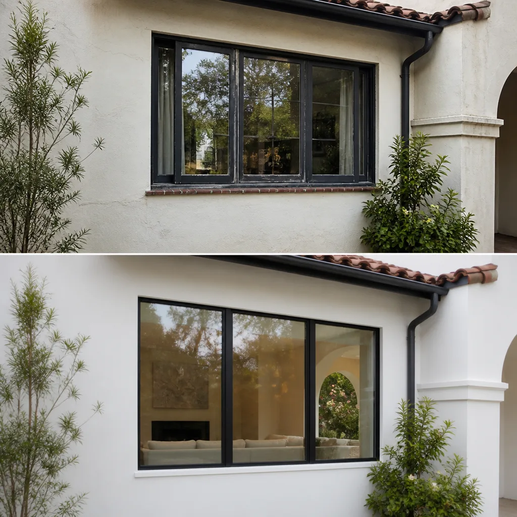 Before and after window replacement on a white stucco home exterior.